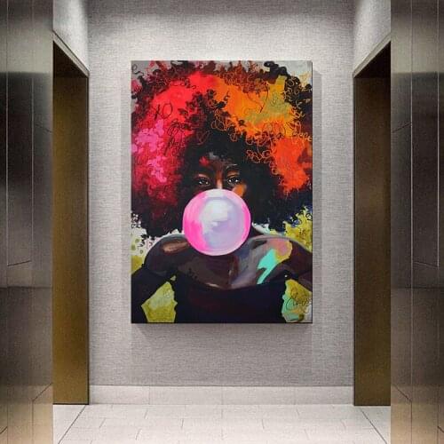 Colorful Graffiti African Woman Posters and Prints Bubble Gum Wall Art Canvas Painting Decorative Picture for Living Room Decor