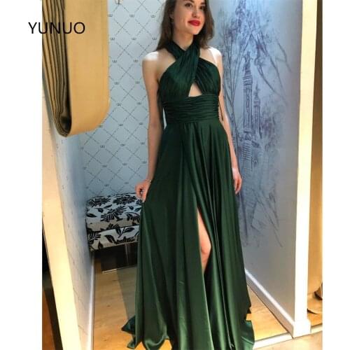 YUNUO Custom Made Formal Dress Satin Halter Sleeveless Evening Dresses Long abiye gece elbisesi Side Slit Prom Pageant Gowns