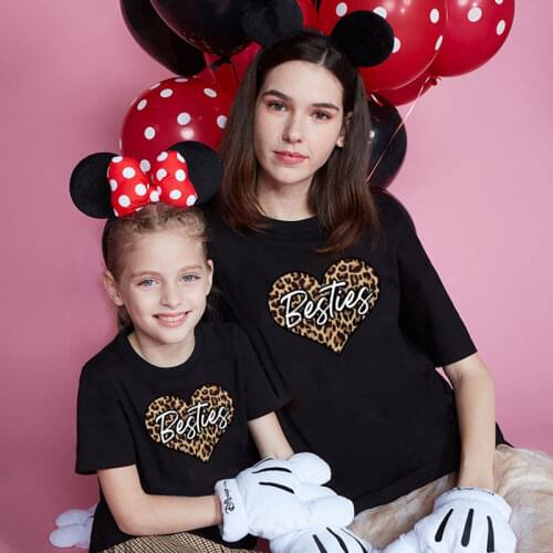 Valentines Day gift mother-daughter cartoon heart leopard print mom and girl loose casual short-sleeved round neck top