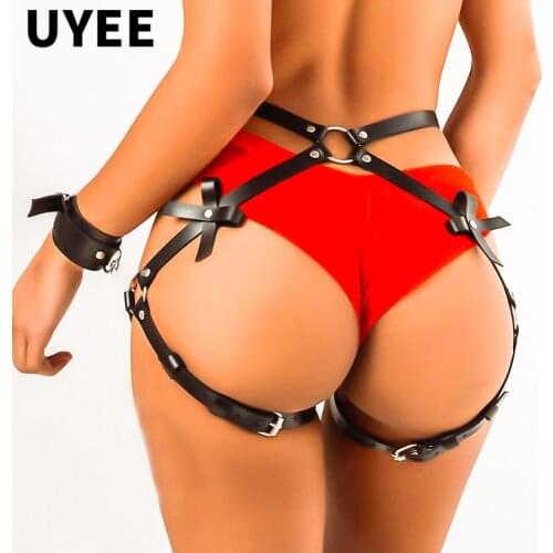 UYEE Women Sexy Bow-knot Garter Belt Lingeire Stockings PU Leather Harness Thigh Strap Couple Buttocks Suspenders Gothic Garter