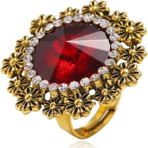 Luxury Female Big Flower Snowflake Ring Vintage Wedding Band Rings For Women Red Green Yellow Crystal Gold Engagement Ring Party