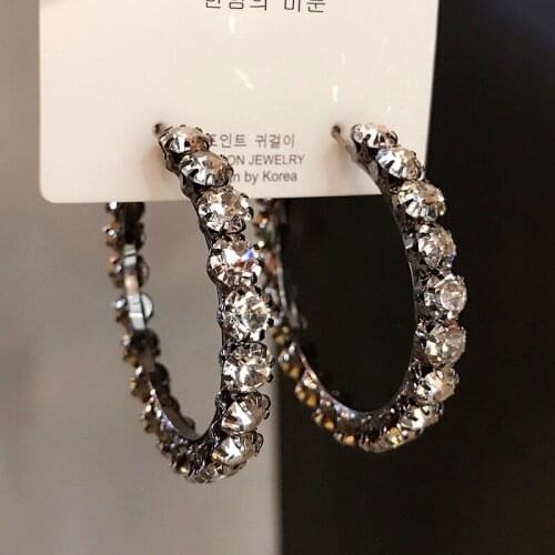 Cahrm Female Big Round Hoop Earrings 14KT Black Gold Silver Color Wedding Earrings Trendy Bride White Crystal Earrings For Women