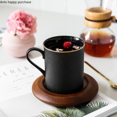 Nordic Retro Matte Phnom Penh Porcelain Cup Black Mug with Wooden Disc Spoon Home Coffee Cup Drinkware Teacup Mug with Base