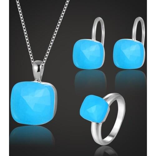 Zlxgirl Brand Copper Blue opal Wedding Pendant Jewelry Sets Brides Party Fashion Russian Design Bridal Necklace earring Ring