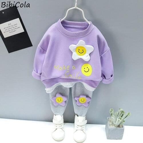Spring And Autumn Girls Clothes Round Neck Sweater Set Letter Sun Smiley +Sunflower Trousers Two-piece Suit