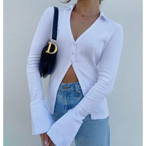 Thorn Tree Solid White T Shirt Women Cotton Autumn Casual T-shirts Button Up Skinny Flare Long Sleeve Tee Shirts Vintage 2021