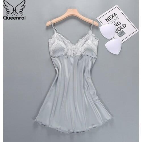 Womens Sleep Lounge Nightgowns Sleepwear Silk Satin Sleepshirts Nightie Summer Nightdress With Chest Pad Sleeveless Night Gown