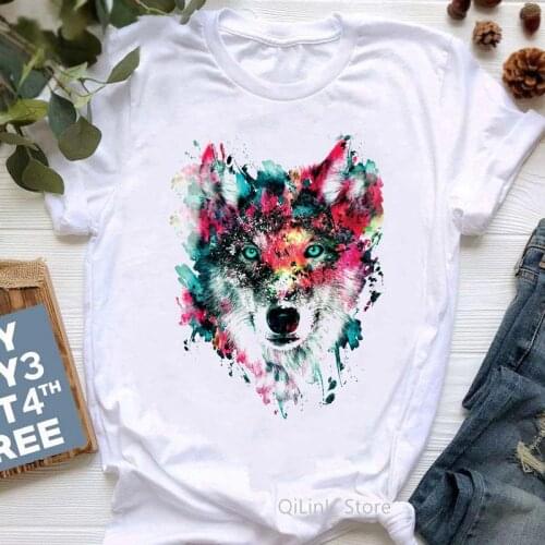 Womens Clothes 2021 Watercolor Wolf/Lion/Owl/Deer/Tiger Print Hip Hop T Shirt Femme Aesthetic Clothes Geek Top Cool Streetwear