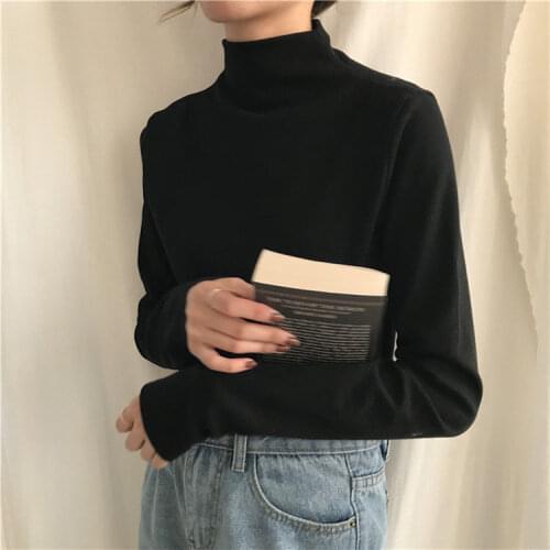 Womens Turtleneck Black Top Long Sleeve T-shirt Woman Tshirts Tops Mujer Camisetas