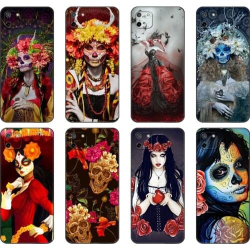 Black tpu Case For OPPO Realme C11 C20 C21 Case Back Cover Bumper Catrina beautiful rose girl Skull Art Perfect