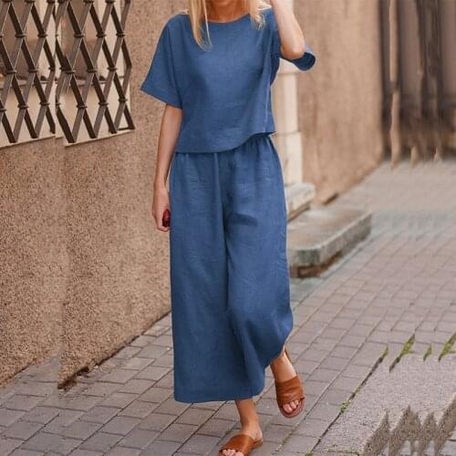 2021 Summer Casual Cotton Linen Women Two Piece Set Fashion O Neck Short Sleeve Tops + Wide Leg Pants Suits Solid Loose Outfits
