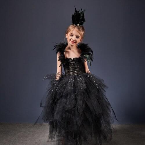 Vampire Queen Girls Ball Gown Tutu Dress in Black Kids Halloween Cosplay Party Costume Birthday Party Pageant Sparkly Prom Dress