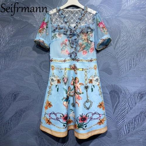 Seifrmann New 2021 Summer Women Fashion Runway Designer Party Midi Dress Short Sleeve Gorgeous Ruffles Vintage Printed Dresses