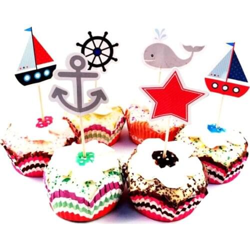 24pcs/lot Sailboat Whale Theme Happy Birthday Party Boys Kids Favors Cake Picks Decoration Cupcake Toppers Baby Shower Supplies
