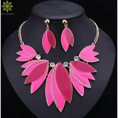 African Wedding Jewelry Sets Enamel Necklace Earrings Set Leaves Shape Crystal Jewelry Sets Maxi Jewelry Sets