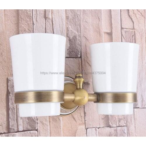 Bathroom Accessory Wall Mounted Antique Brass Toothbrush Holder with Two Ceramic Cups Nba580
