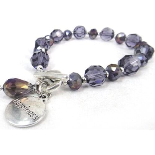 Free shipping New Arrive 10mm purple facet and 8mm purple crystal glass beads & waterdrop and happiness letter charm Bracelet