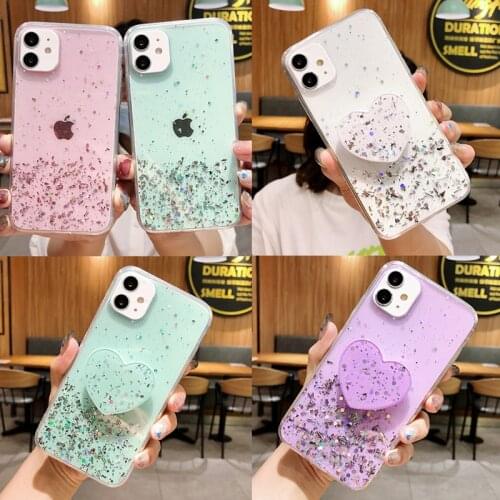 Star Bling Glitter Phone Case for iphone 12 11 Pro Max X XR XS 6 6S 7 8 Plus SE 2 Clear Back With Heart Stand Holder Bling Cover