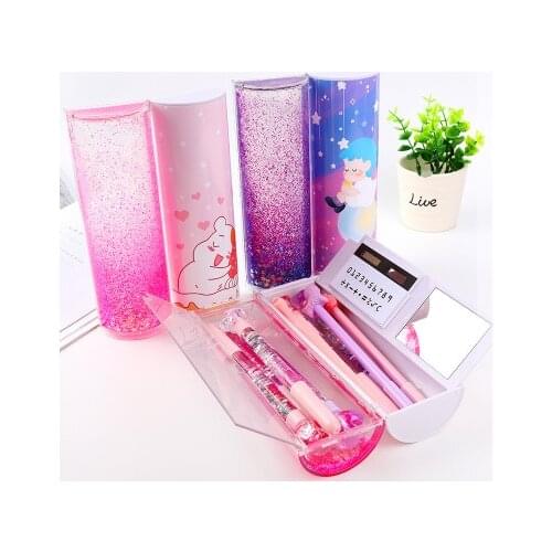 Large capacity multi-functional writing box cute pencil box small fresh primary school quicksand pencil case girl heart