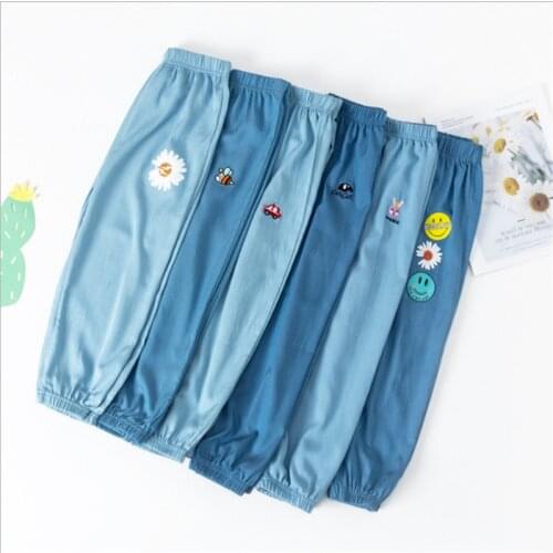 Childrens Pants Boys Summer Thin Girls Harem Pants Pants Big Kids Summer Embroidered Denim Long Pants Elastic Hems