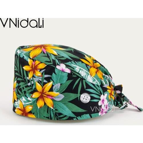 Flower print cap adjustable Scrub cap beauty salon nursing cap lab pet shop fashion scrub hat with button nurses hats for women