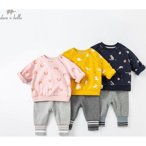 DBJ18517 dave bella winter baby unisex fashion cartoon print clothing sets kids girls boys casual sets children 2pcs suit