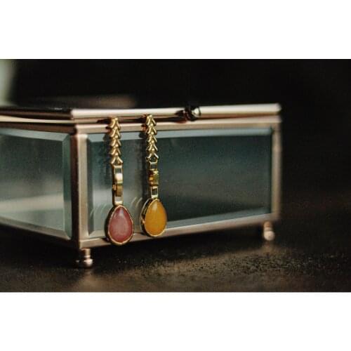 GULCE DERELI, EARRINGS, PINK AND ORANGE NATURAL STONE CHARM EARRINGS, INFINITY CHAIN EARRINGS, GIFT BOX, GOLD/SILVER PLATED