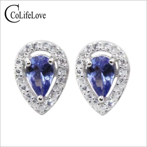 Classic silver tanzanite jewelry 4 mm*6 mm natural pear cut tanzanite stud earrings solid 925 sterling silver tanzanite earrings