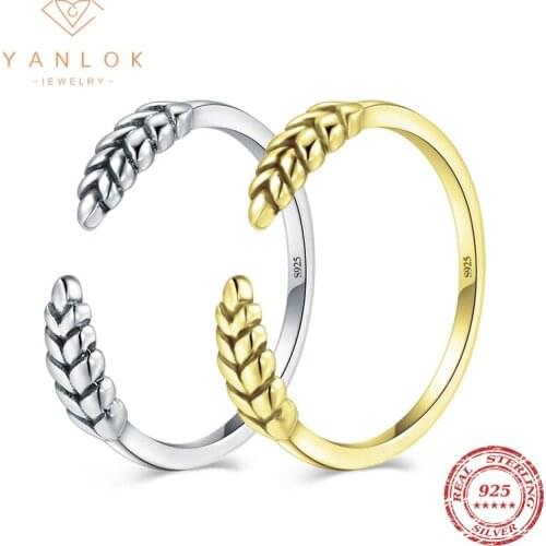YANLOK Real 925 Sterling Silver Open Adjustable Plant Leaf Wheat Ears Finger Ring Women Ring Sterling Silver Ring Jewelry