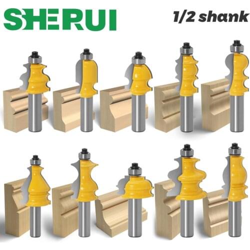 10pcs 1/2inch Shank Architectural Molding Handrail Router Bits Set Casing Base CNC Line Woodworking Cutters Face Mill