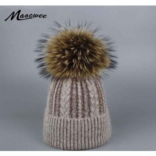 Pompoms Fur Knitted Winter Hats For Women Pompoms Beanies Thick Winter Hats Natural Rabbit Fur Female Beanies Caps Warm Hat 2017
