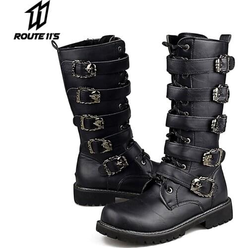 Motorcycle Boots PU Leather Men Motocross Boots Motorcycle Shoes Rock Mid-calf Buckle Motorbike Boots Punk Martin Boots Black