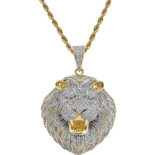 Mens Game Male Lion Head Iced Out Pendant Necklace AAA Cubic Zirconia Hip Hop Rock Jewelry with Twist Chain
