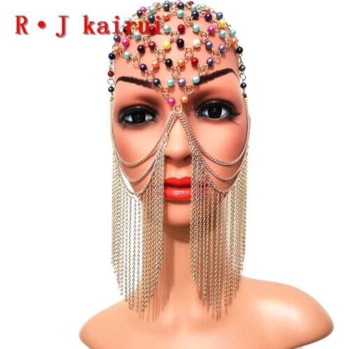 New Fashion RJH026 Gold Chains Colorful Beads Head Jewelry Unique Design Layers Head Chains Jewelry Costume Jewelry 2 Colors