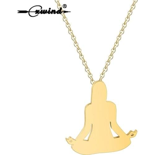 Cxwind Women Yoga Necklace Charm Stainless Steel Meditating Figure Pendants Necklaces Jewelry Girls Statement Choker Gold Color