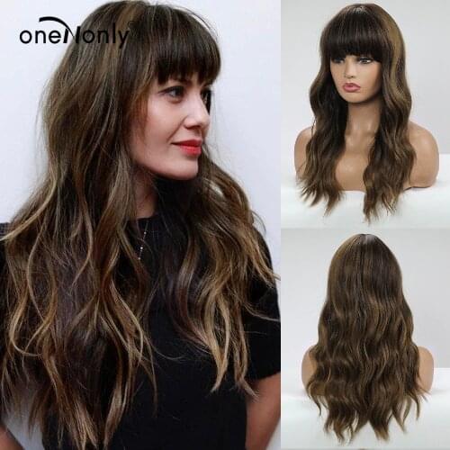 OneNonly Long Wave Ombre Dark Brown Blonde Synthetic Wigs with Bangs Daily Use Natural Curly Wig for Women Party Cosplay Hair