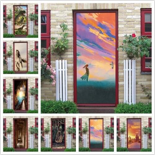 Sunset Beauty Art Oil Painting Door Stickers Self Adhesive Dinosaur Horse Creative Design Kids Room Renovation Decoration Poster
