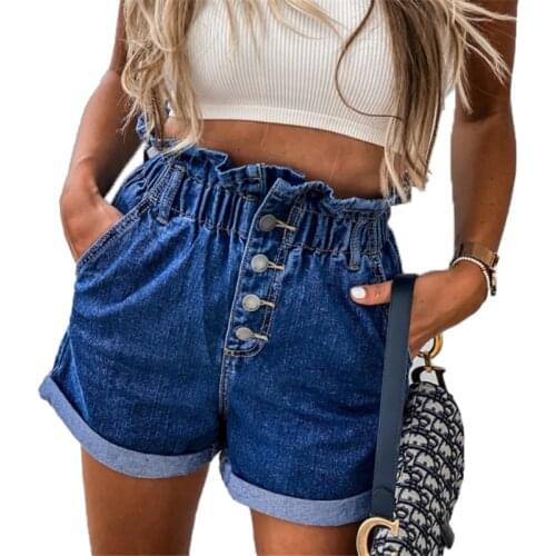 Summer High Waist Denim Shorts Women Casual Loose Jean Shorts Ruffled Roll Up Hem Elastic Waist Pocket Button Jeans Short Female