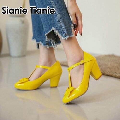 Sianie Tianie 2020 spring summer woman block med heels pumps yellow pink cute T-strap wedding party shoes women mary janes shoes