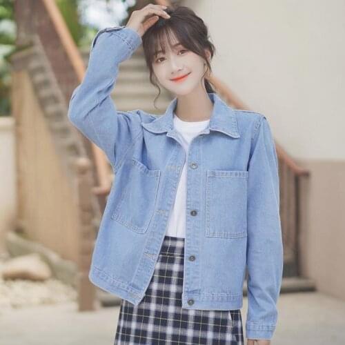 Spring Autumn New 2021 Light Blue Jeans Jacket Women Korean Fashion Loose Student Long Sleeve Coat Short Big Pocket Veste Femme
