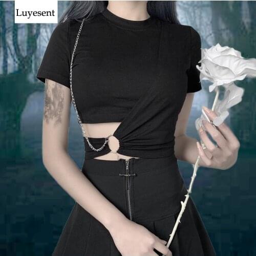 Black Dark Goth Women Irregular T-shirts 2021 Lady Cool Chains Tight Short Hollow Out Summer Tshirt Gothic Punk Hipster Hot Top