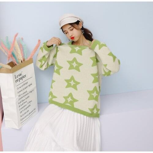 Casual Sweater Loose Five-pointed Star Print Women Warm 's 2021 Autumn Winter New Korean long-sleeve Sweaters Vestidos LXJ764