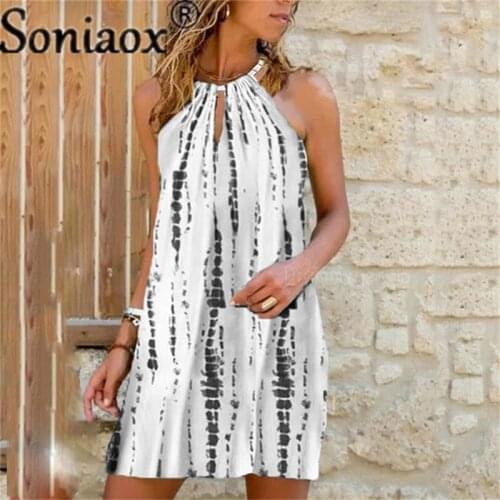 Summer Halter Neck Sexy Hollow Out Sleeveless Womens Mini Dress 2021 Fashion Casual Loose Solid Plus Size Print Ladies Dresses