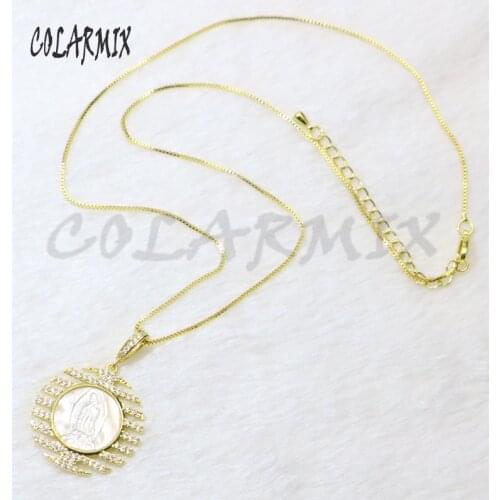 4 Pcs Virgin Maria Pendant Gold color zircon medal White Shell pendant necklace blessing jewelry Wholesale jewelry gift for lady