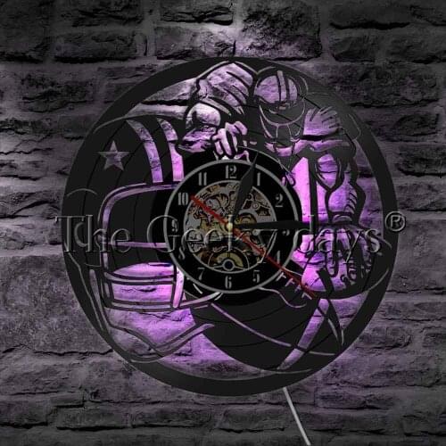 American Football Player LED Lighting Vinyl Record Wall Clock Modern Wall Lamp Rugby Helmet Rugby Ball Home Decor