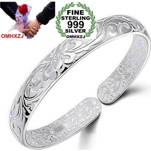 OMHXZJ Wholesale geometric fashion Flowers woman kpop star Fine 999 Sterling Silver opening adjustable bracelet Bangles SZ12