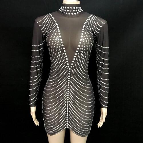 Black See Through Silver Rhinestones Sexy Dress Evening Party Colorful Stones Evening Stage Performance Show Dancing Costume