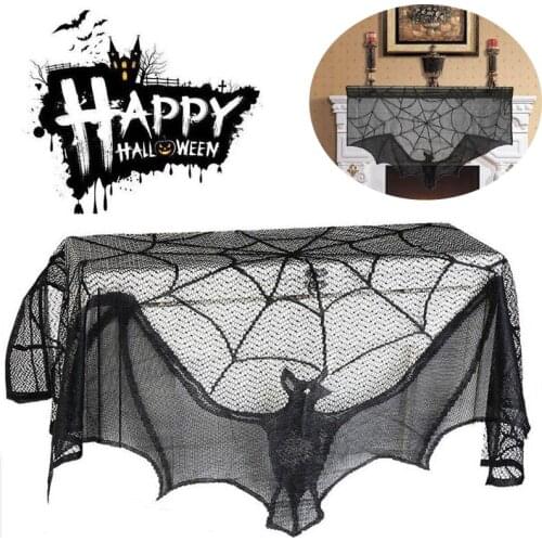 Hallowen Spider Tablecloth Black Lace Spider Web Bat Fireplace Cover Table Runner Party Decoration Curtain Cosplay Prop Supplies