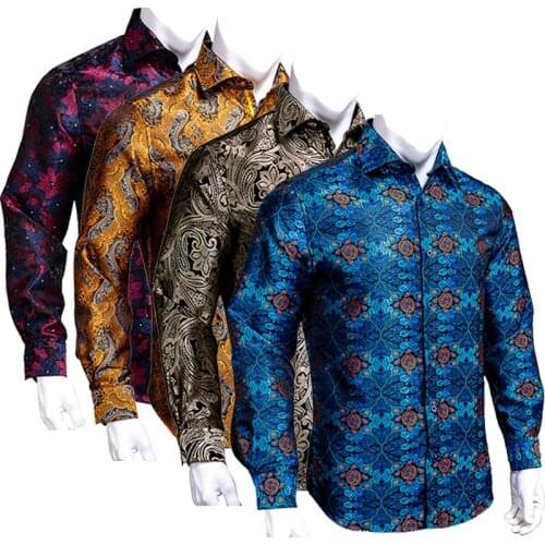 Hi-Tie Full Sleeve Casual Mens Shirts Floral Woven Fashion Paisley Luxury Royal Blue Soft Silk Shirts For Men Wedding Dress