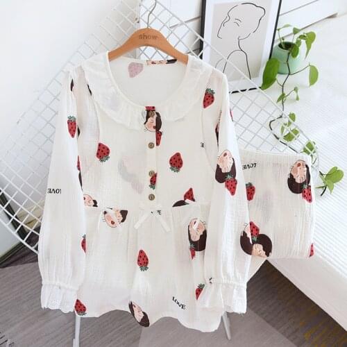 Women Feeding Pajamas Long Sleeve Cartoon Pijamas Cotton Double-layered Gauze Sleepwear Maternity Breastfeeding Suit 2 Piece Set